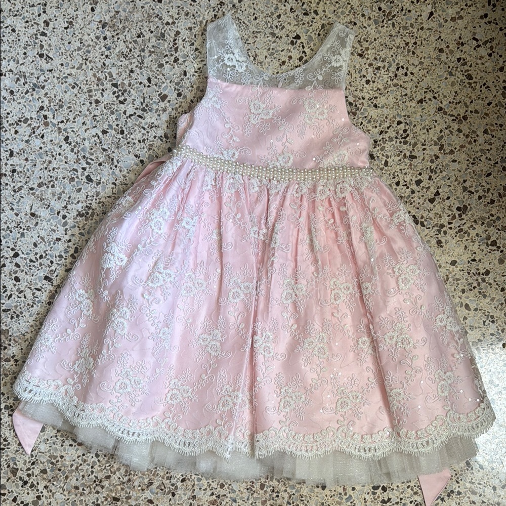 Pink Lace Dress with Pearl Details